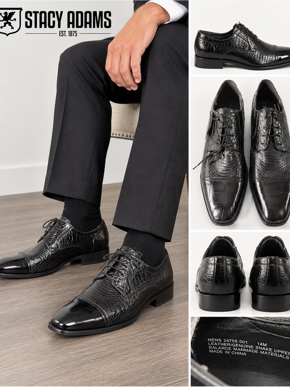 Stacy Adams Genuine Snake Leather Black Dress Shoes Mens 14M